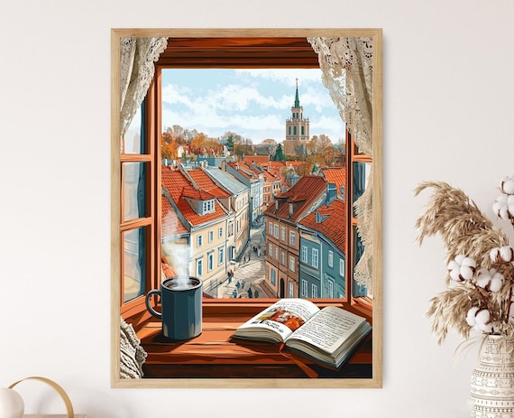 Rustic Window View Over Old Town Rooftops and Church Towers Poster
