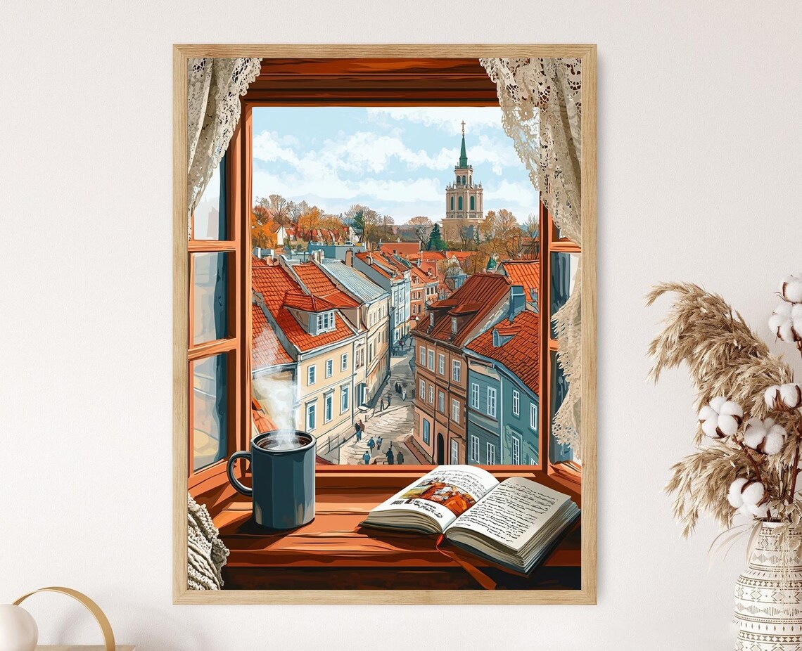 Rustic Window View Over Old Town Rooftops and Church Towers Poster