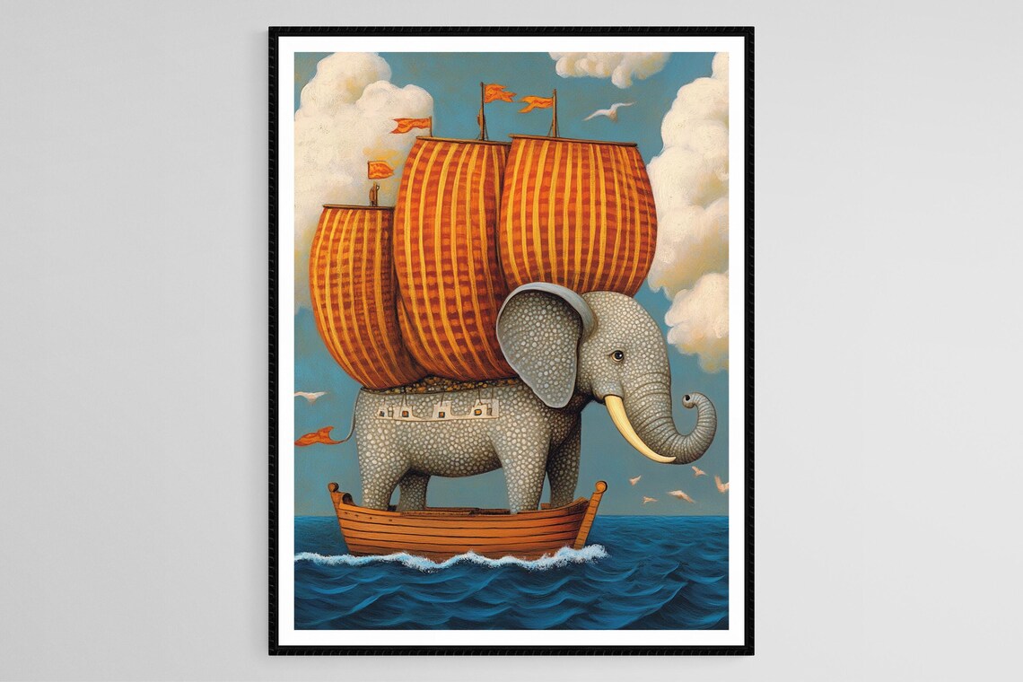 Surreal Elephant Carrying Tall Sails In Wooden Boat Art Poster