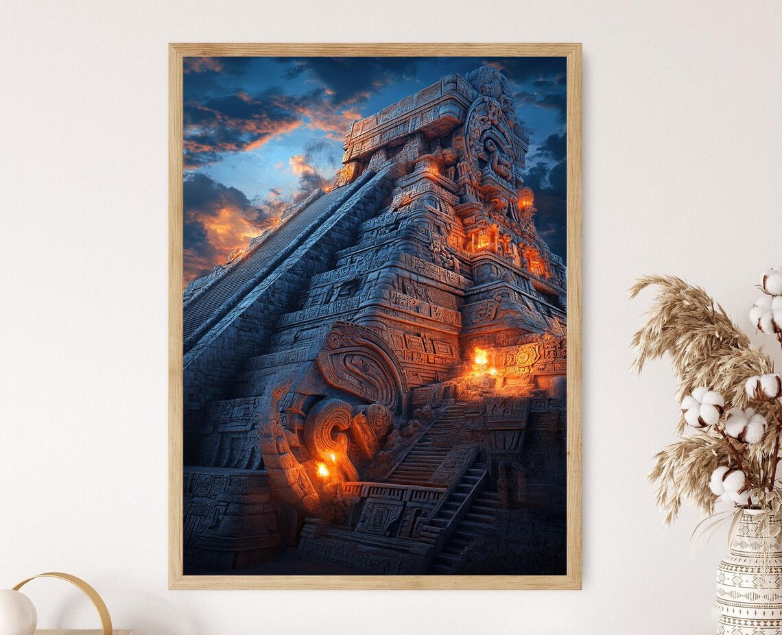 Aztec Temple Art Print Night Sky And Glowing Torches