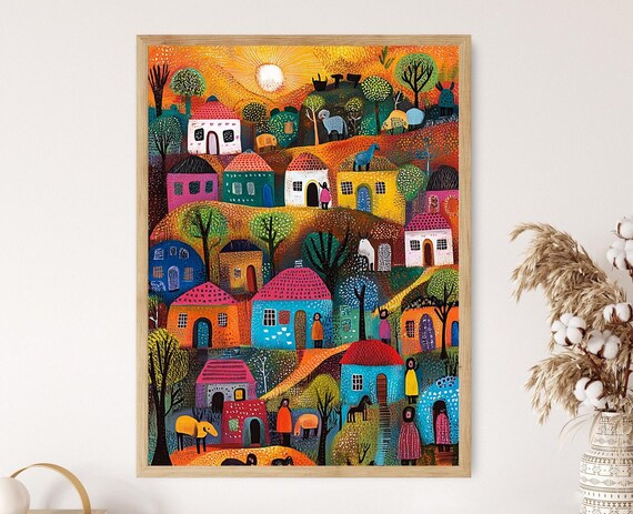 Ethiopian Village Naive Art Print Folk Art Scene African Rural Life Wall Art