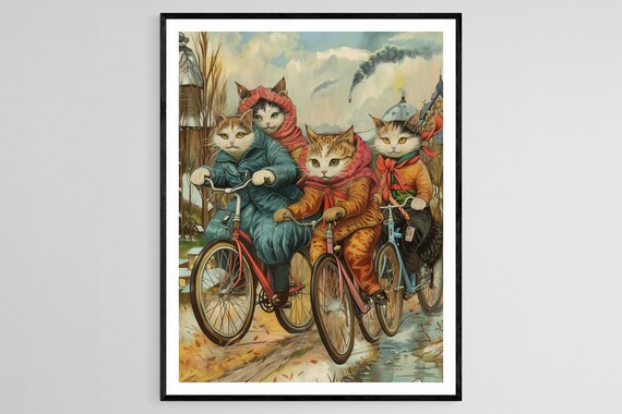 Four Cats in Winter Coats Riding Bicycles Down a Lane Poster