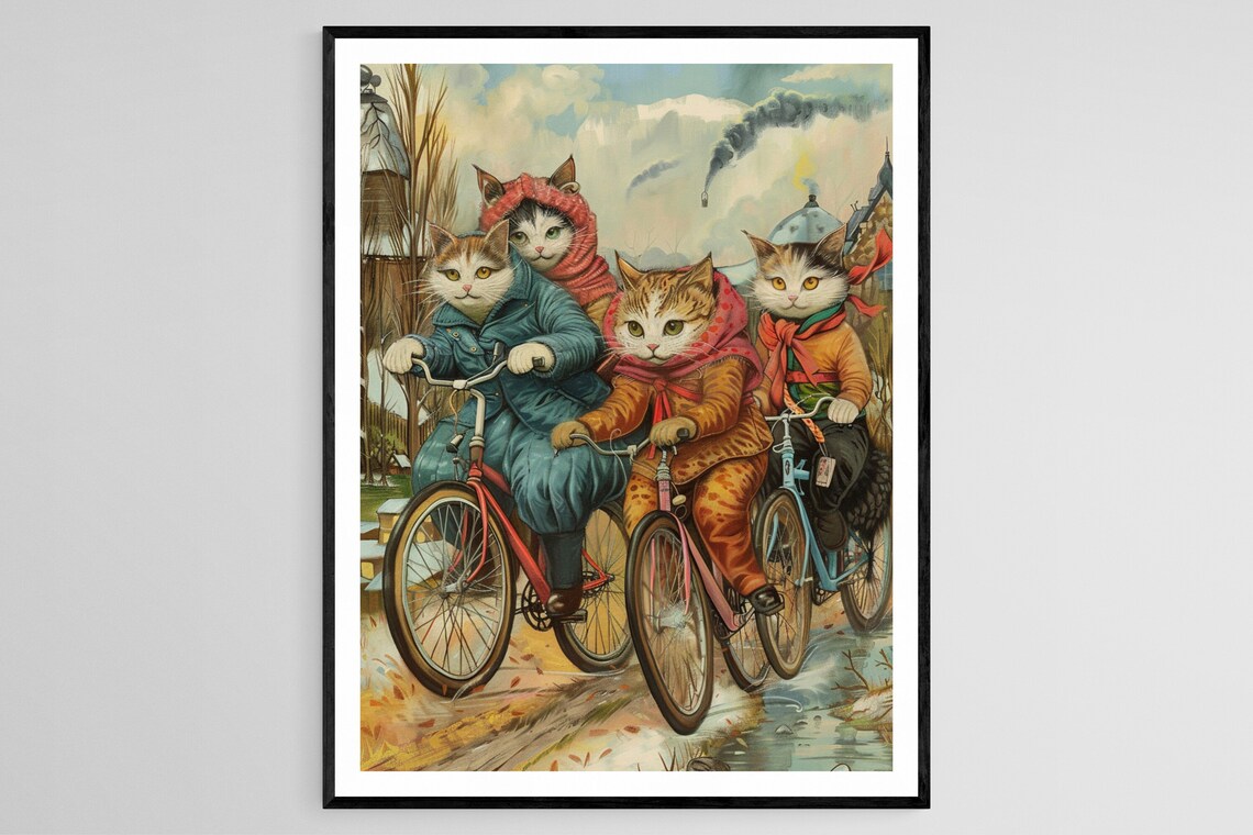 Four Cats in Winter Coats Riding Bicycles Down a Lane Poster