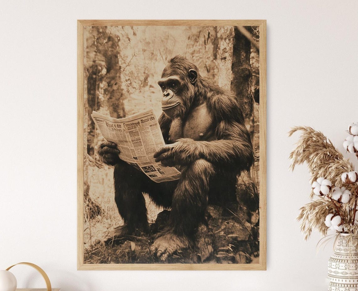 Funny Ape Reading Newspaper Art Print Funny Evolution Poster