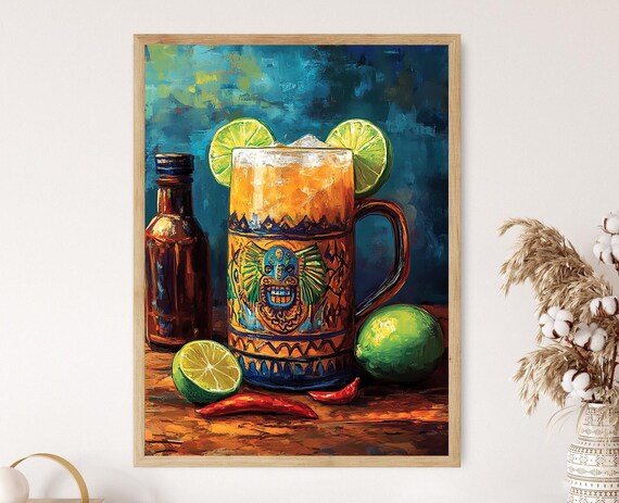 Mexican Michelada in Aztec Ceramic Mug With Lime And Chili Art Poster