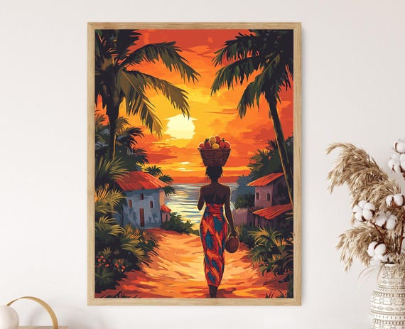 Mozambican Woman In Capulana Illustration Sunset Village Art Print Cultural Heritage Decor