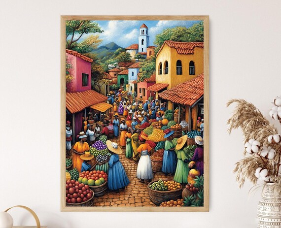 Botswana Marketplace Illustration Colorful Farm Market Painting African Fruit Art Wall Art For Kitchen African Restaurant Decor