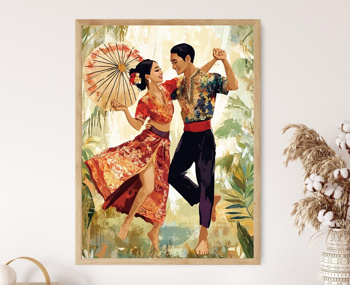 Indonesian Couple Dancing Joyfully With Painted Parasol Cultural Poster