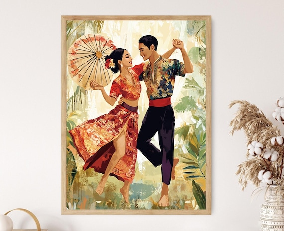 Indonesian Couple Dancing Joyfully With Painted Parasol Cultural Poster