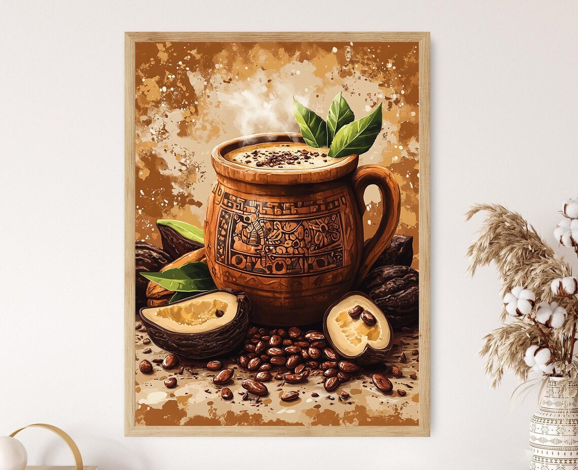 Mexican Pozol in Carved Mayan Clay Mug With Cacao Beans Art Poster