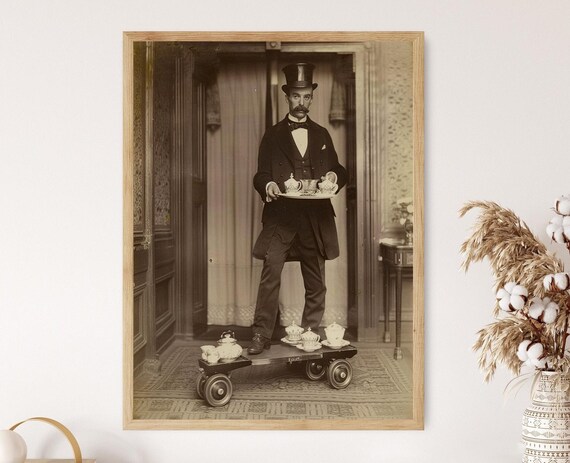 Victorian Butler Serving Tea On Roller Skates Vintage Comedy Art