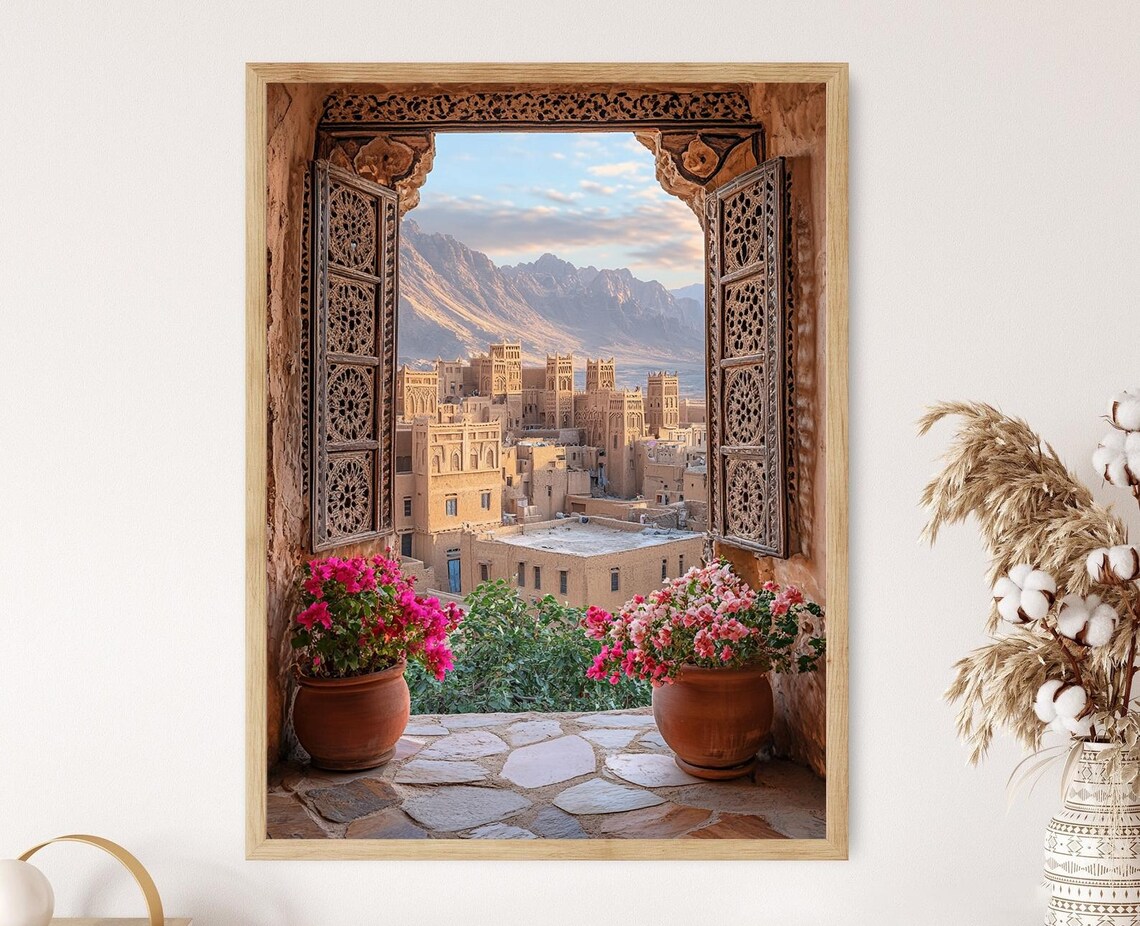 Shibam Yemen Balcony View Illustration, Desert Cityscape