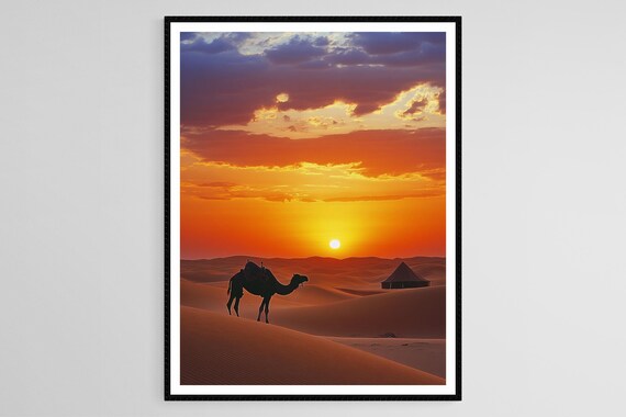 Solitary Sahara Camel Silhouette at Sunset Over Dunes Poster