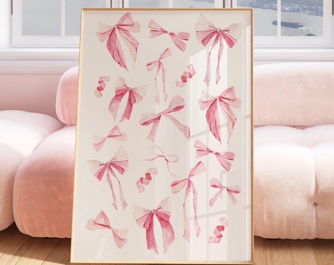 Pink Watercolor Bows Pattern Coquette Girly Nursery Art Poster - Image 5