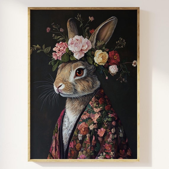 Maximalist Rabbit Portrait, Vintage Floral Art Print