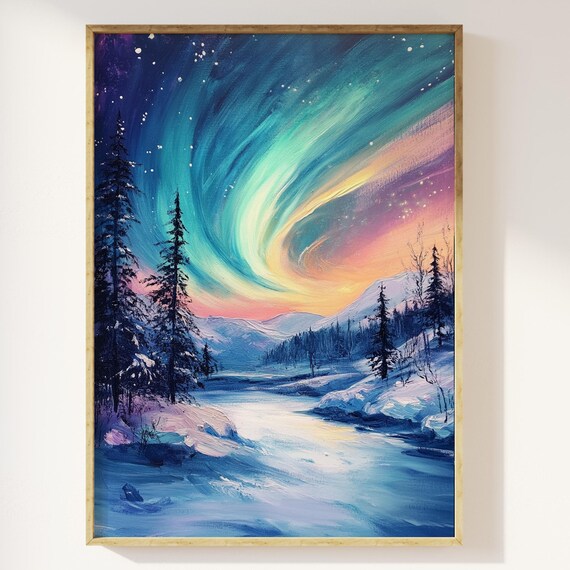 Northern Lights Aurora Over Snowy River Painterly Style Art Print