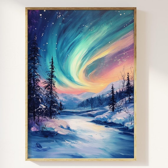 Northern Lights Wall Art Print Aurora Borealis Art Print Celestial Ethereal Nature Art Northern Lights Above Snow Magical Enchanted