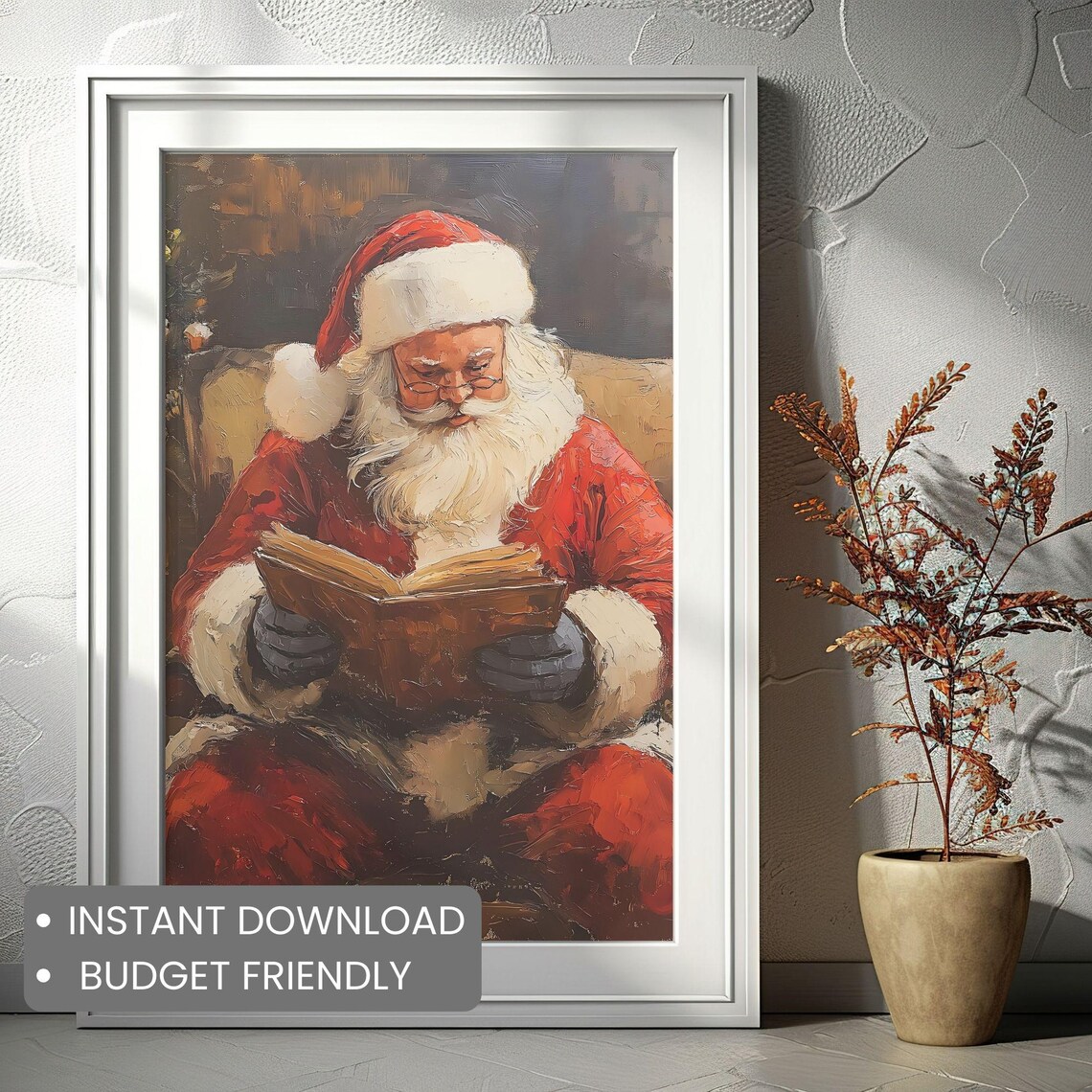 Santa Reading a Book Cozy Christmas Oil Painting Holiday Poster - Image 2