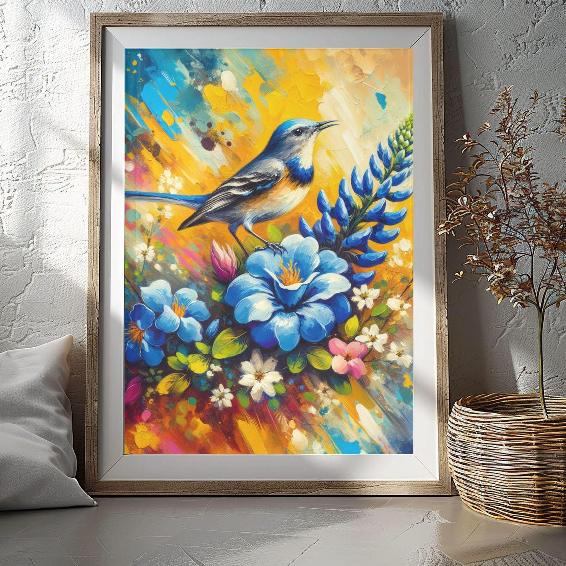 Mockingbird Texas Bluebonnet Flowers Vibrant Bird Painting Poster