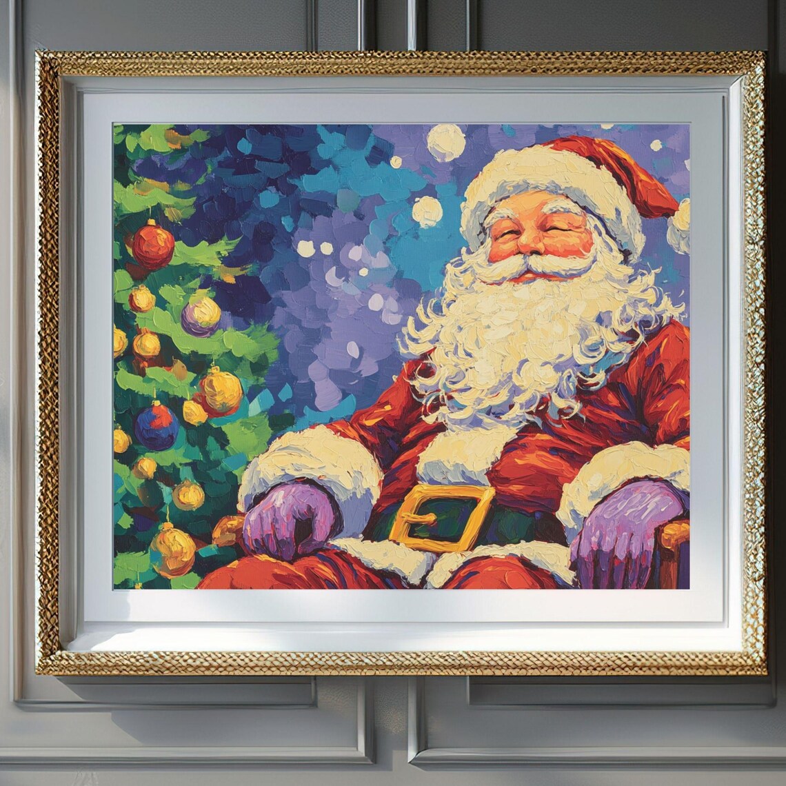 Colorful Santa Claus Impressionist Christmas Tree Night Poster