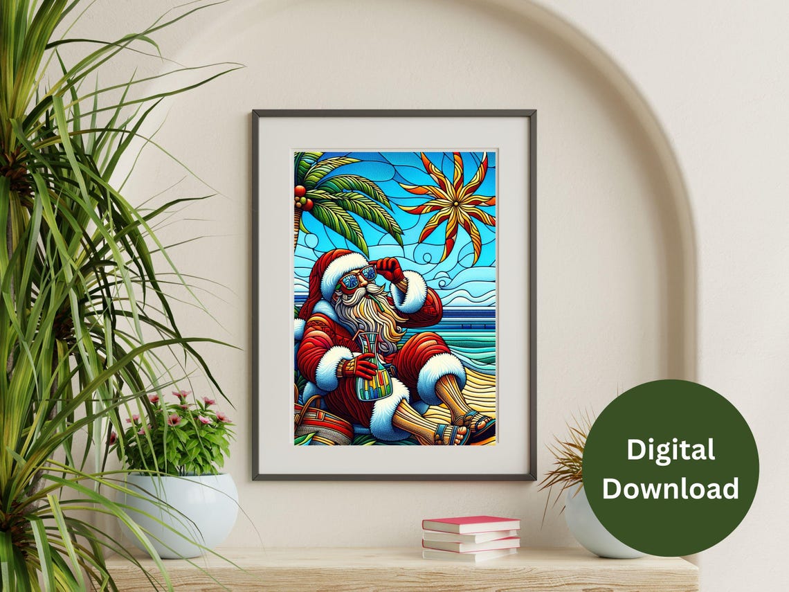 Santa Claus Relaxing On Tropical Beach Stained Glass Summer Poster