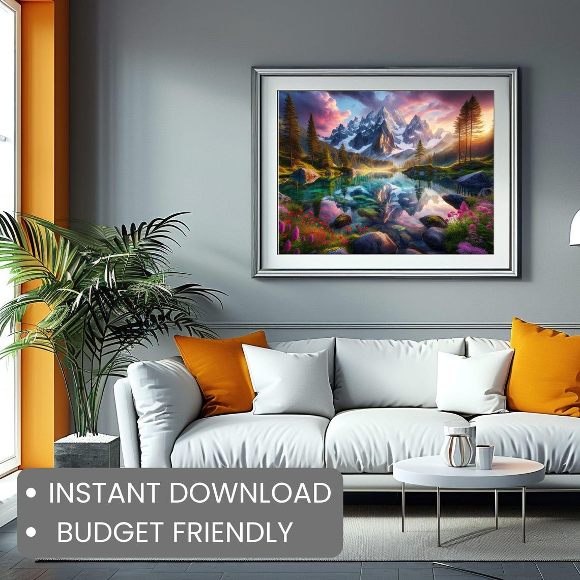 Tranquil Alpine Lake Spring Mountain Sunset Reflection Wall Art - Image 2