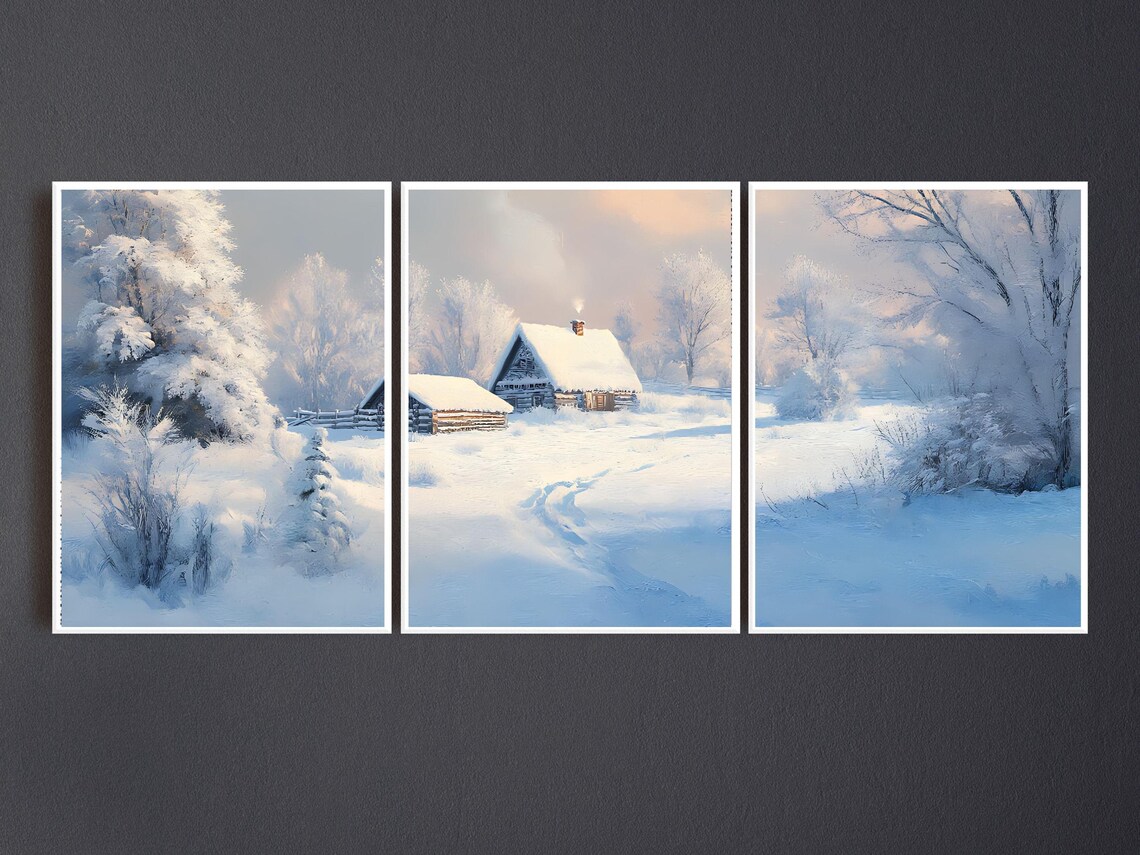 Snowy Log Cabin Winter Scene Triptych Oil Painting Rustic Home Decor Poster