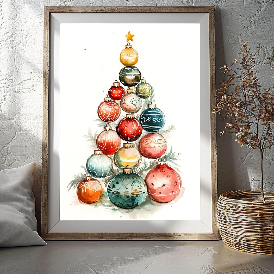 Colorful Bauble Ornament Christmas Tree Gold Star Art Poster
