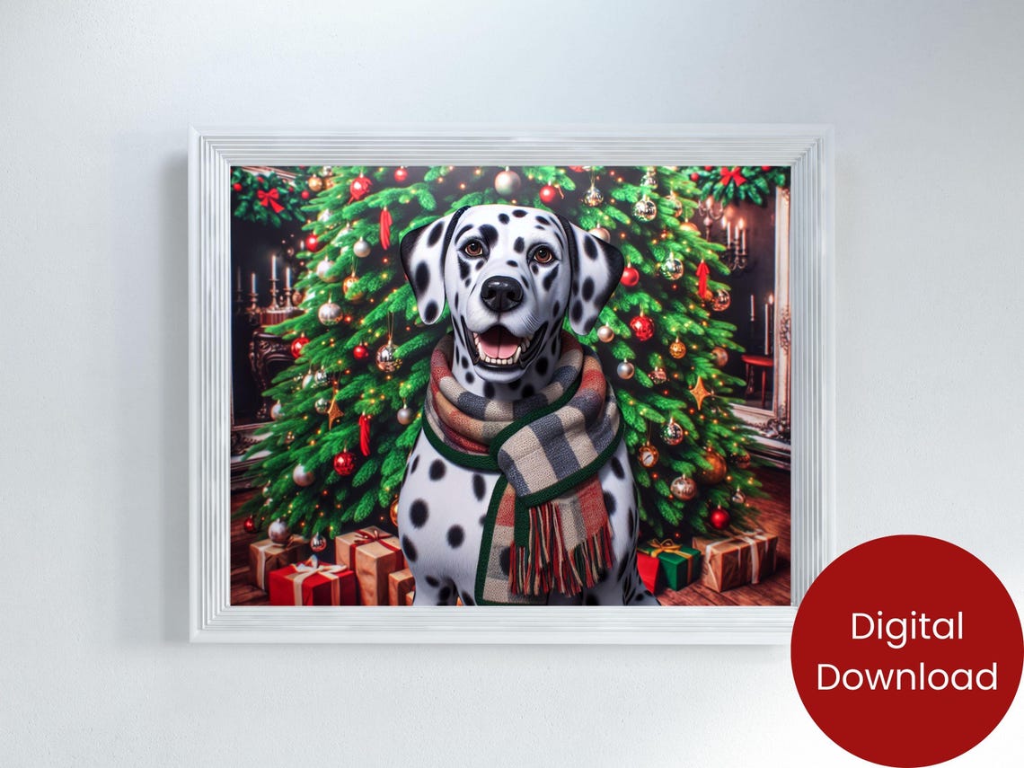 Happy Dalmatian Dog Plaid Scarf Christmas Tree Festive Pet Poster - Image 2