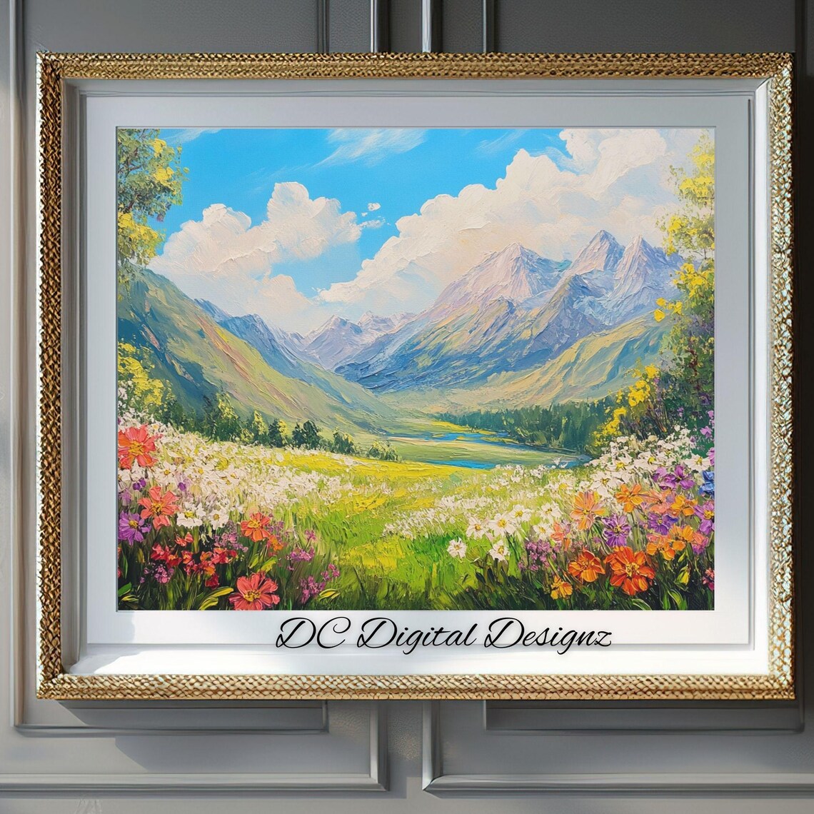 Vibrant Alpine Wildflower Meadow Valley Oil Painting Landscape Poster