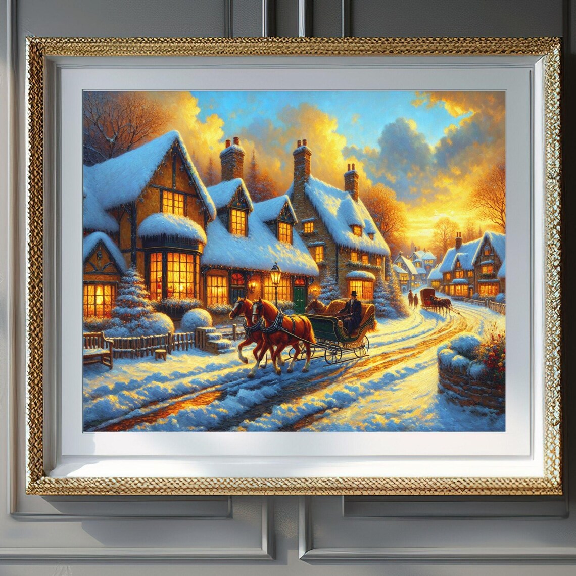 Victorian Village Winter Snow Horse Drawn Sleigh Street Poster