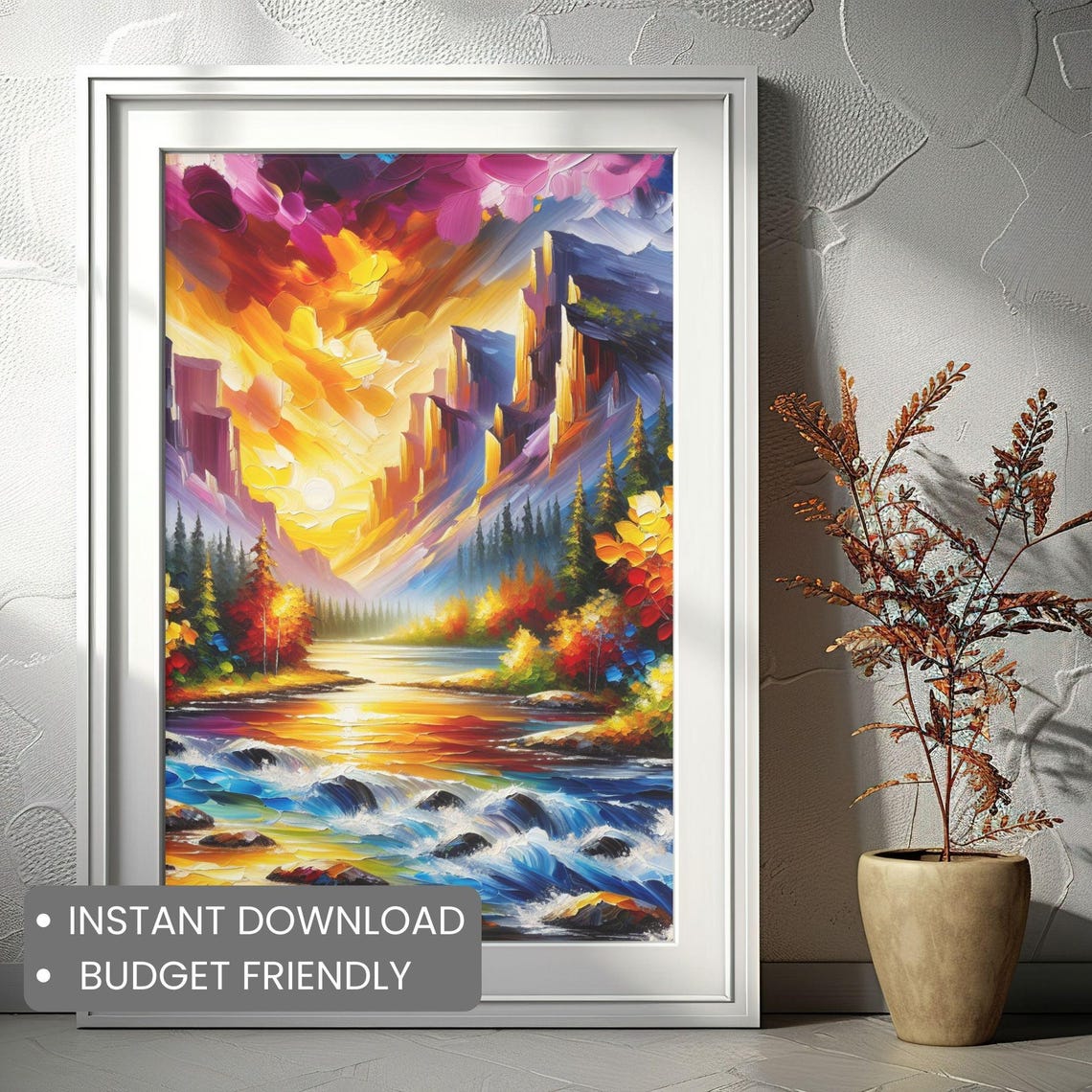 Mountain River Rapids Sunrise Golden Peaks Vibrant Art Poster - Image 2