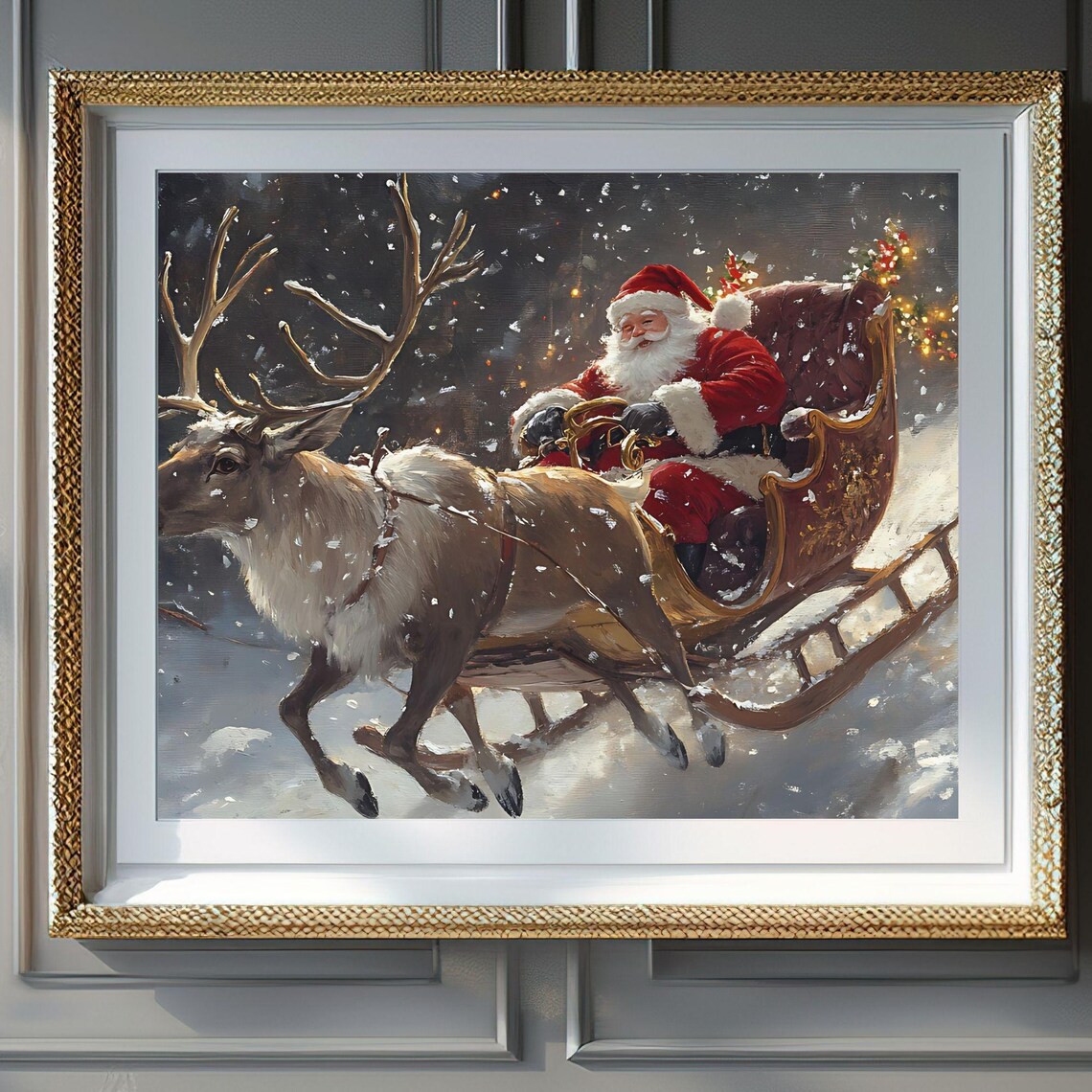 Santa Claus Sleigh Ride Snowy Nightfall Christmas Art Poster