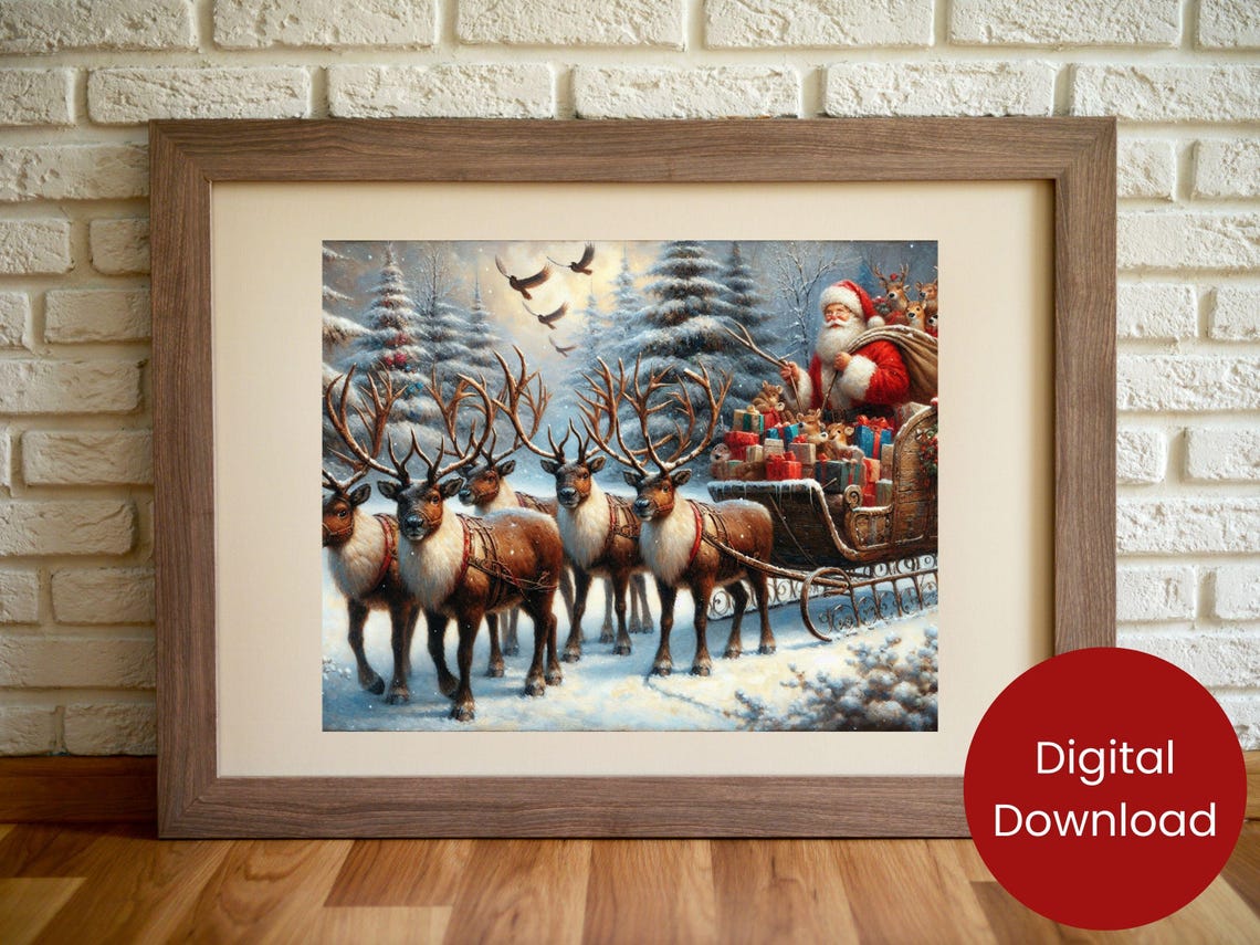 Santa Claus Sleigh Reindeer Team Snowy Forest Holiday Poster