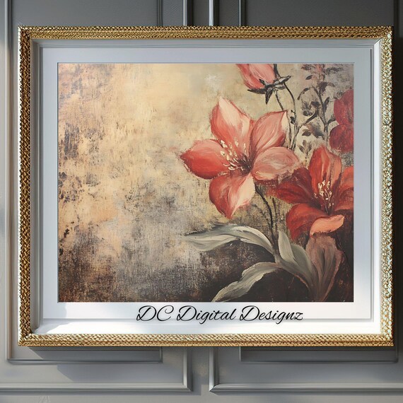 Red Blossom Floral Painting Dark Textured Vintage Flower Poster