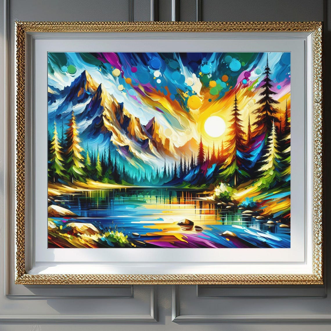 Vibrant Colorful Mountain Lake Sunset Palette Knife Painting Poster