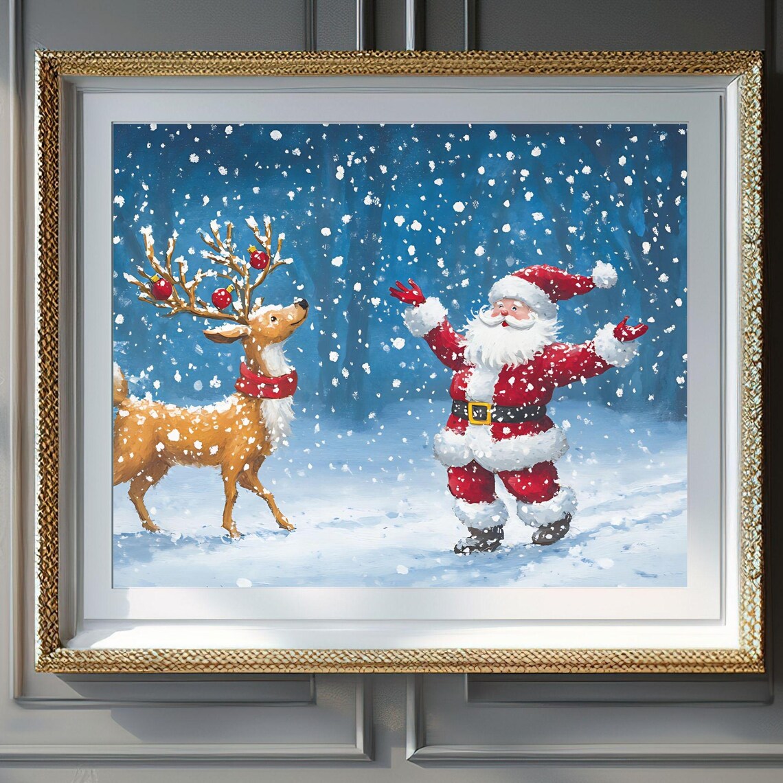 Santa Claus Dancing Reindeer Snowfall Winter Holiday Art Poster