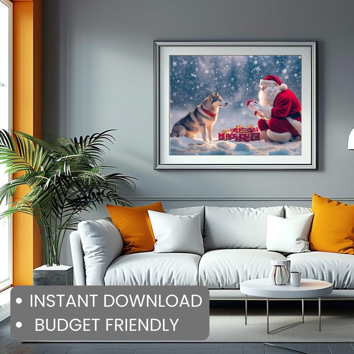 Santa Claus Surprising Husky With Presents Snowfall Holiday Poster - Image 2