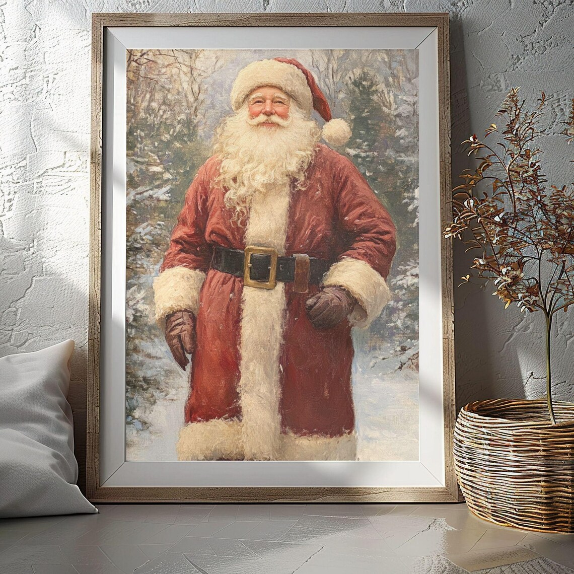 Vintage Santa Claus Portrait Snowy Winter Landscape Art Poster