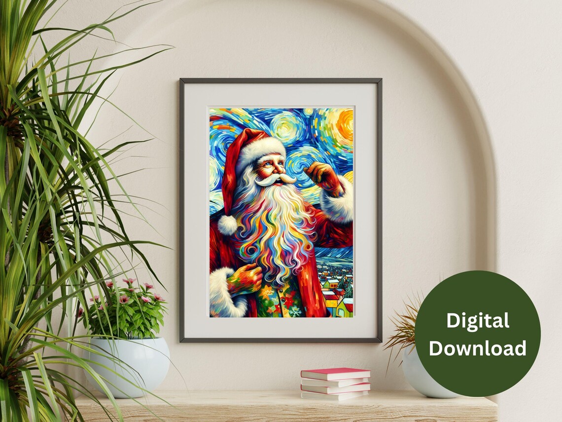 Santa Claus in a Starry Night Swirl Style Christmas Digital Poster