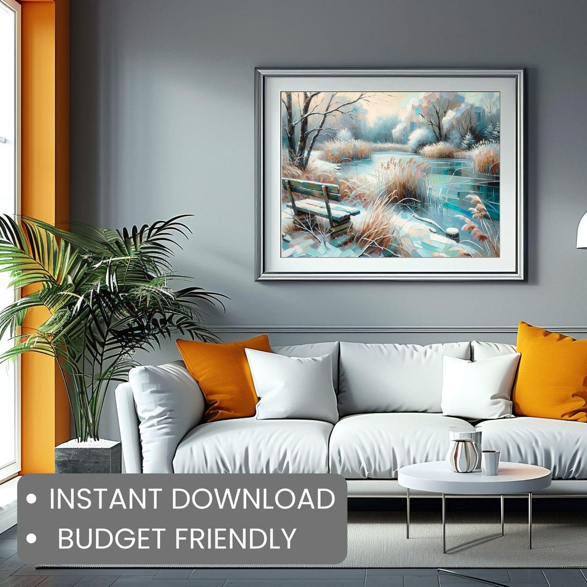Frozen Pond Winter Landscape Wooden Bench Frosted Reeds Wall Art - Image 2
