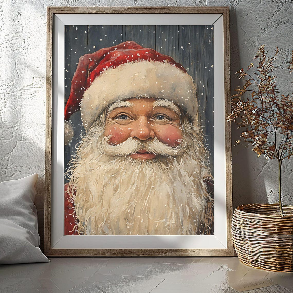 Santa Claus Close-Up Portrait Falling Snow Christmas Scene Poster