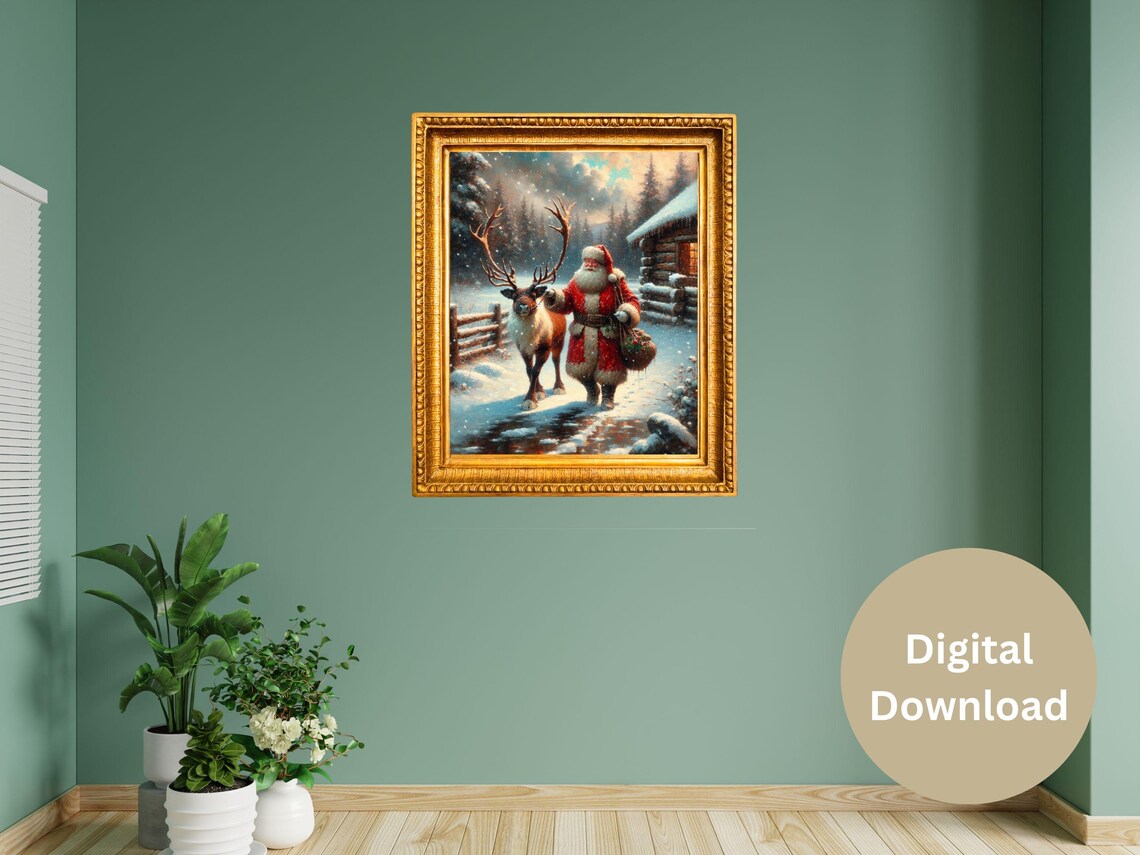 Santa Claus Walking With Reindeer Snowy Cabin Winter Trail Poster - Image 2