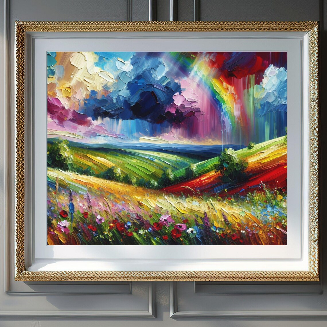 Colorful Rainbow Storm Over Rolling Wildflower Hills Meadow Poster