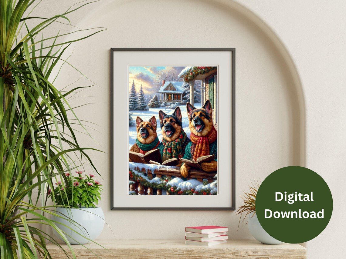 German Shepherds Singing Christmas Carols Snowy Porch Poster