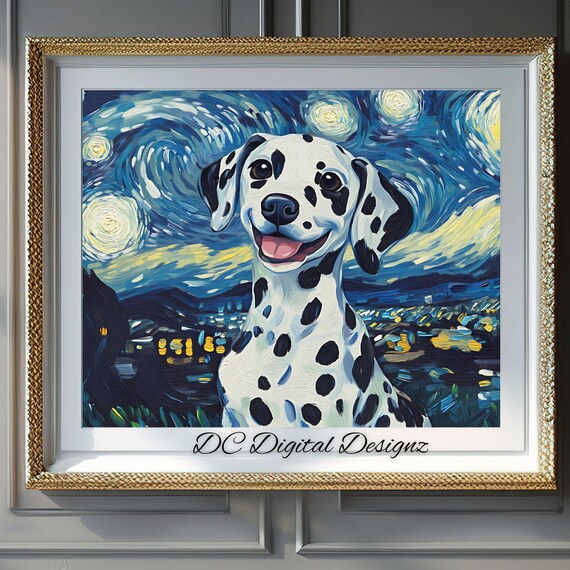 Happy Dalmatian Smiling Starry Night Sky Dog Portrait Poster