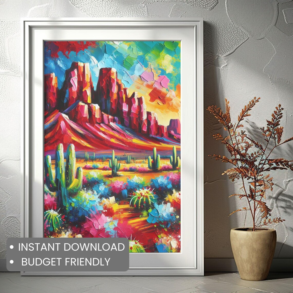Vibrant Desert Cactus Landscape Colorful Acrylic Painting Wall Art - Image 2
