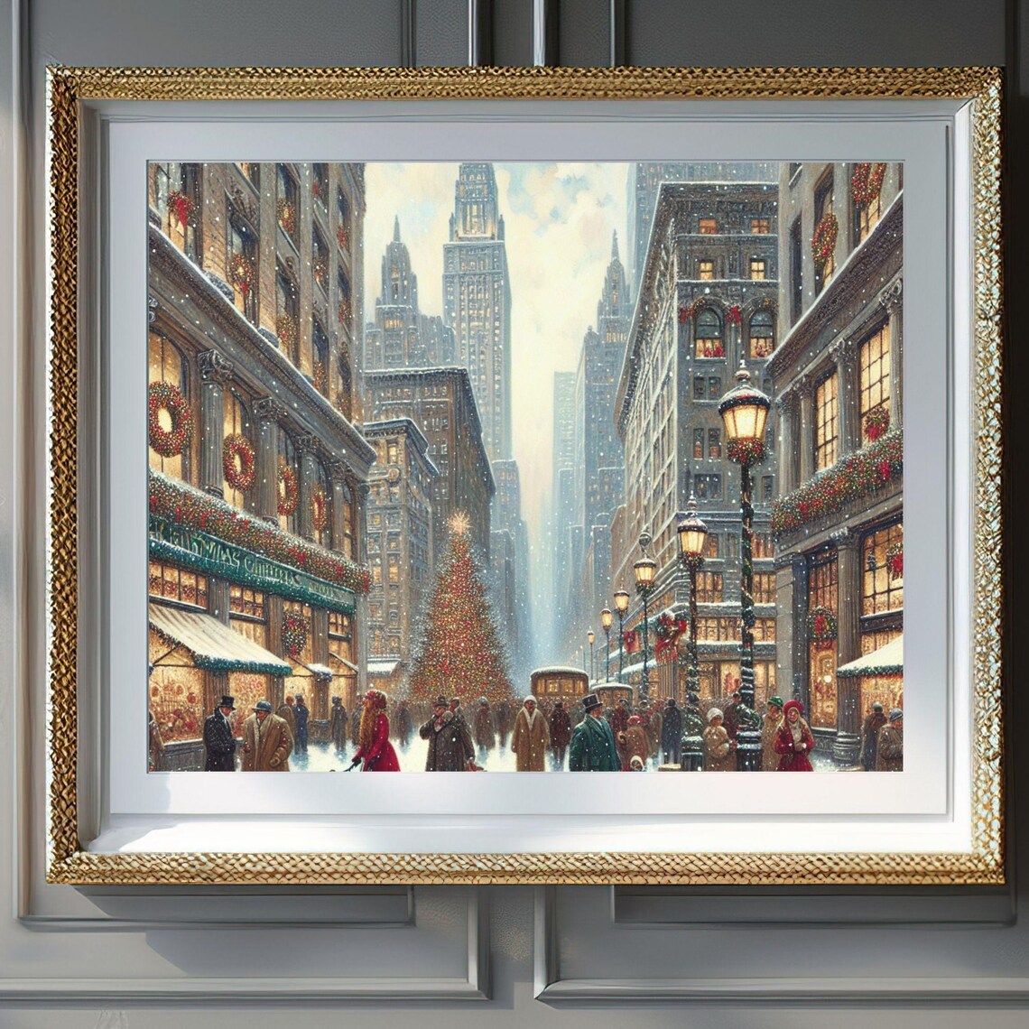 Vintage New York Christmas Fifth Avenue Snow Tree Skyline Poster