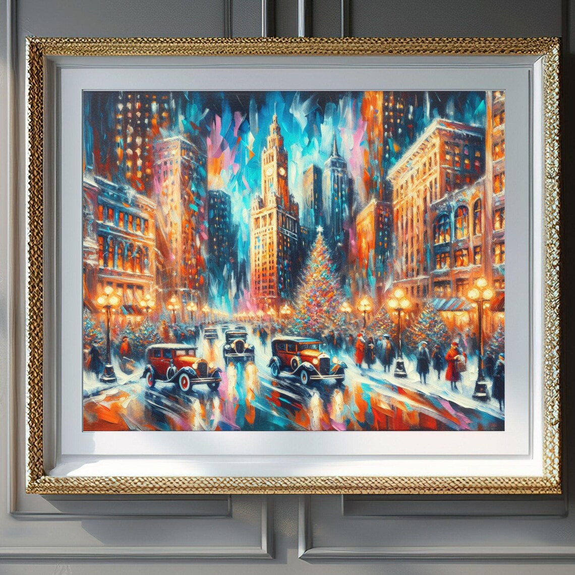 Vintage Chicago Christmas Street Classic Cars Tree City Poster