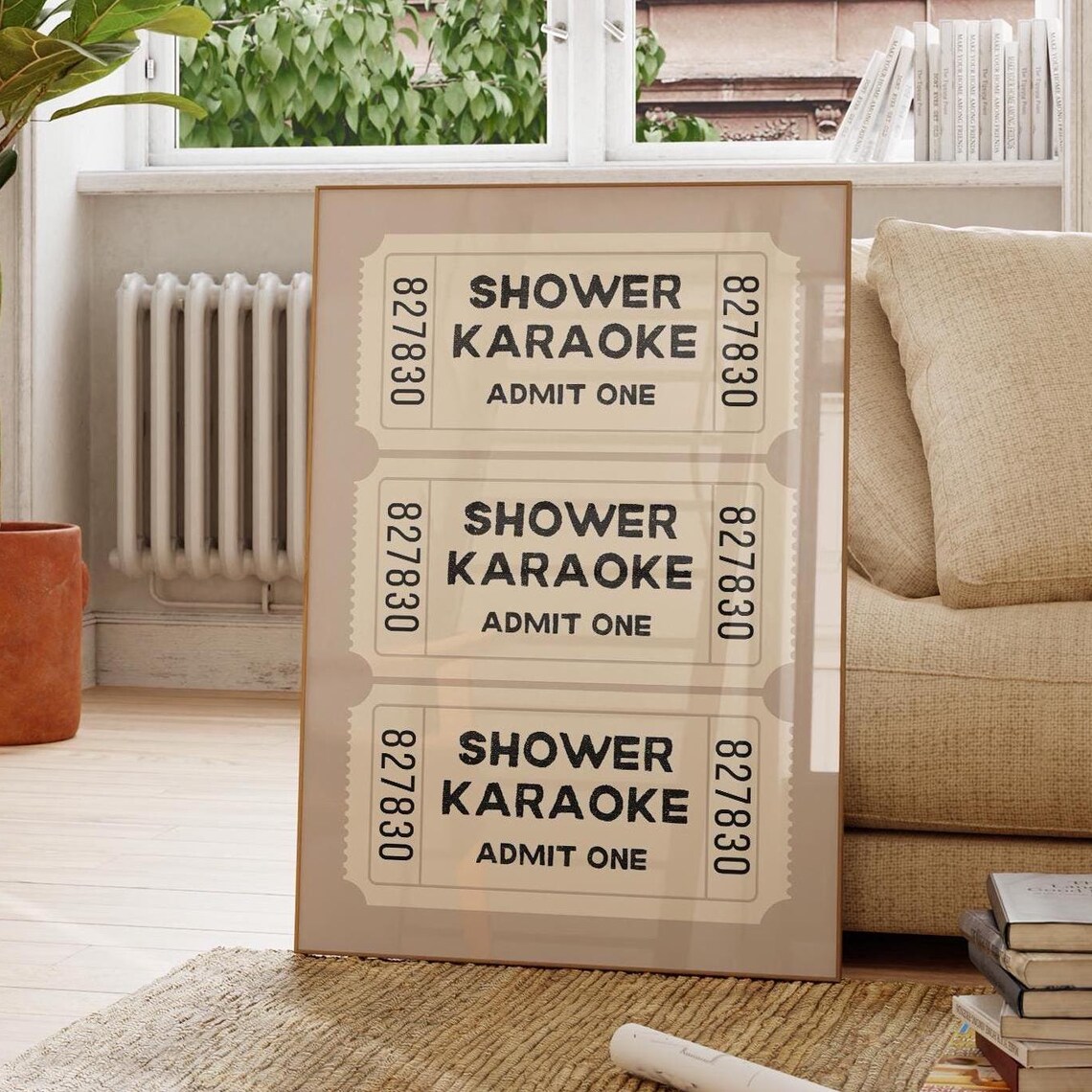 Shower Karaoke Ticket Beige Poster, Bathroom Decor